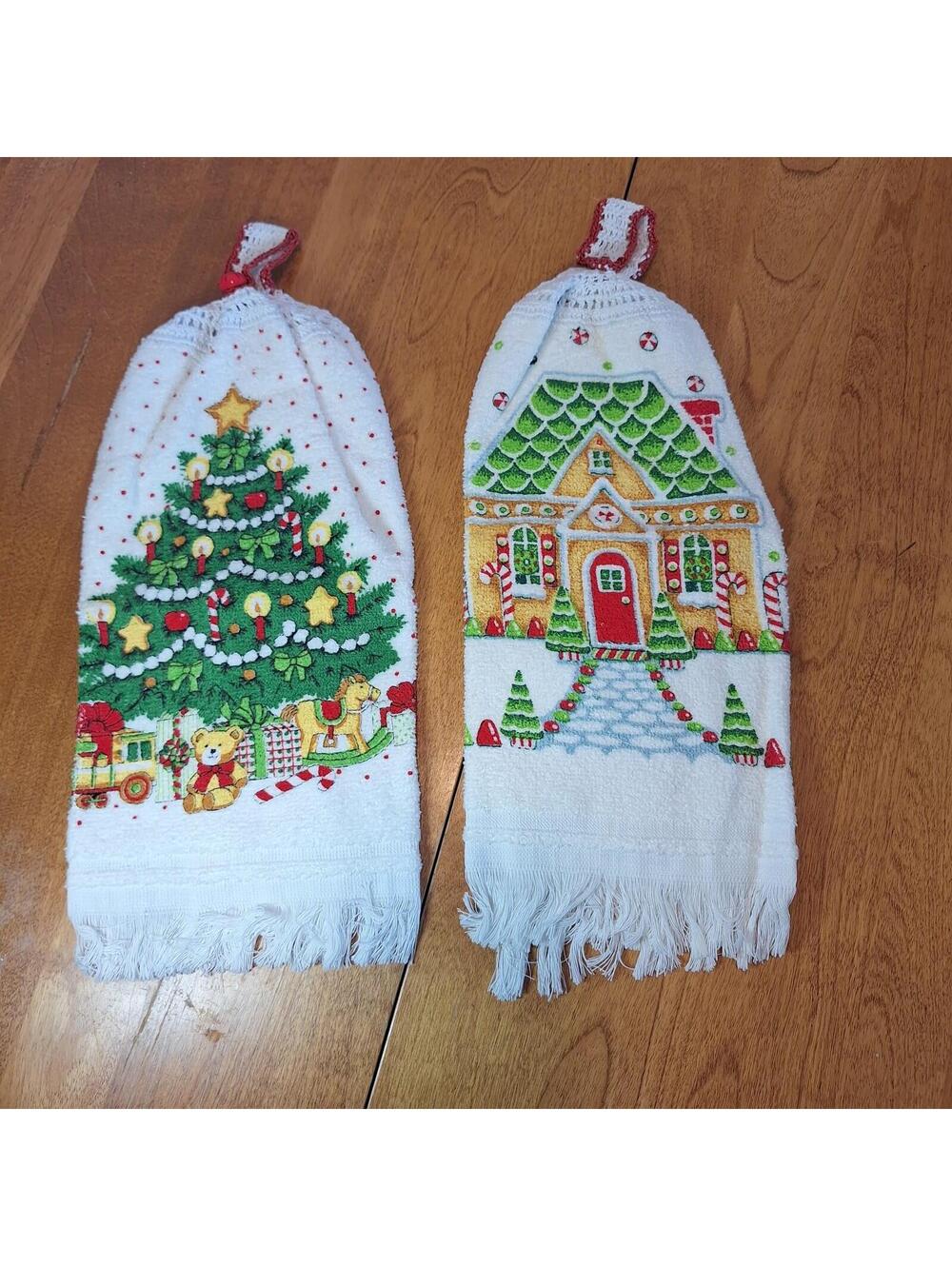 2 Hanging Kitchen Towels Crochet Top Gingerbread House/Christmas Tree VTG Franco